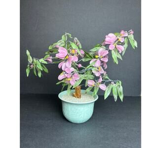 VTG Jade Glass Cherry Blossom Bonsai Tree in Celadon Pot MCM Style